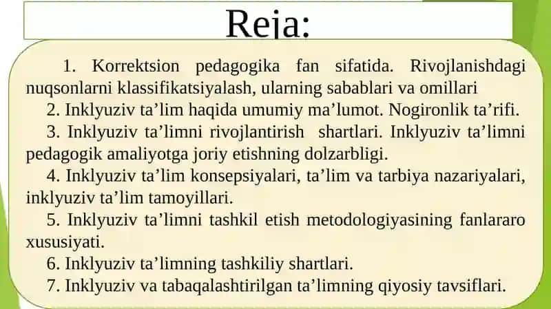 Inklyuziv ta’lim mazmuni va mohiyati. Inklyuziv ta’limning uslubiy asoslari. Inklyuziv ta’limning psixologik-pedagogik va tashkiliy shartlari. 2
