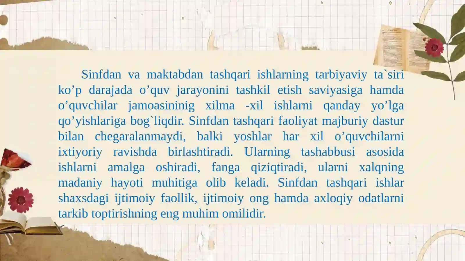 Boshlang'ich sinflarda sinfdan tashqari ishlаrni tashkil etishda o`quv vositalari zamonaviy pedagogik texnologiyalardan foydalanish. Boshlang`ich sinf o'quvchilari uchun sinfdan tashqari ishlarda foydalaniladigan ijodiy mаshqlаr 2