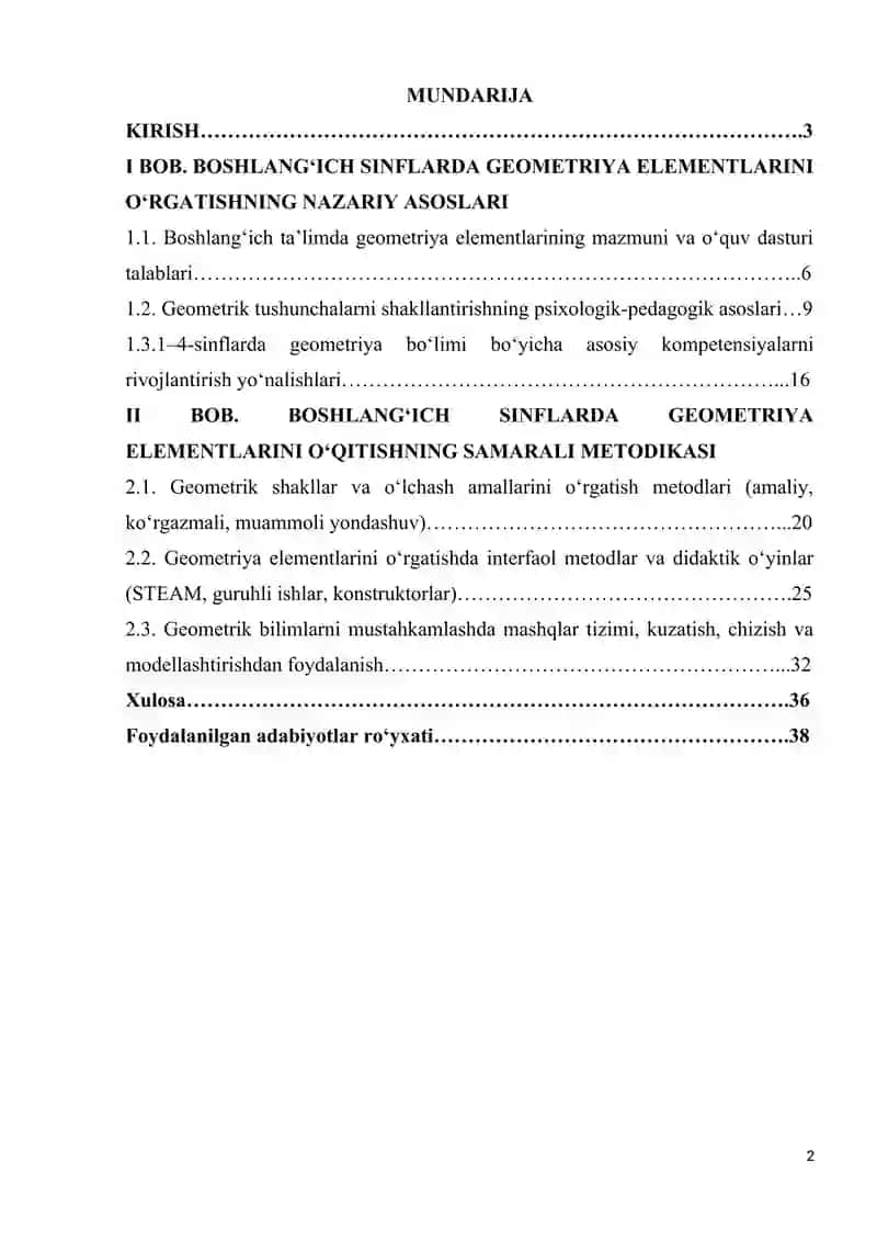 BOSHLANG‘ICH SINFLARDA MATEMATIKA O‘QITISHDA GEOMETRIRYA ELEMENTLARINI O‘RGATISH METODIKASI 2