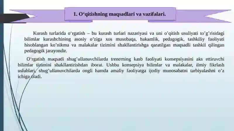 UMUMIY O‘RTA TA’LIM MAKTABLARIDA KURASH SPORT TURLARINING O‘QITISHNING MAQSAD VA VAZIFALARI 2