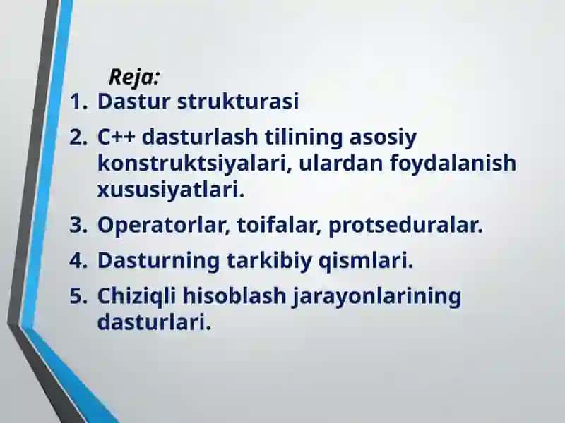 C++ dasturlash tilining asosiy konstruktsiyalari va tizimda qo‘llash xususiyatlari 2