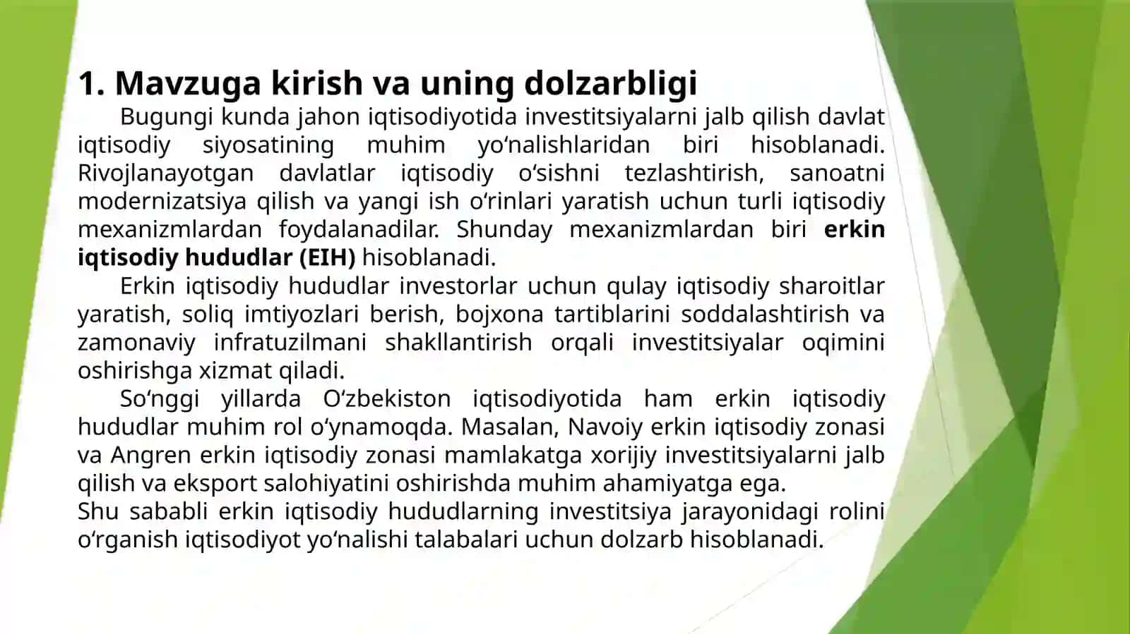 IQTISODIYOTGA INVESTITSIYALARNI JALB ETISHDA ERKIN IQTISODIY HUDUDLARNING O‘RNI 2