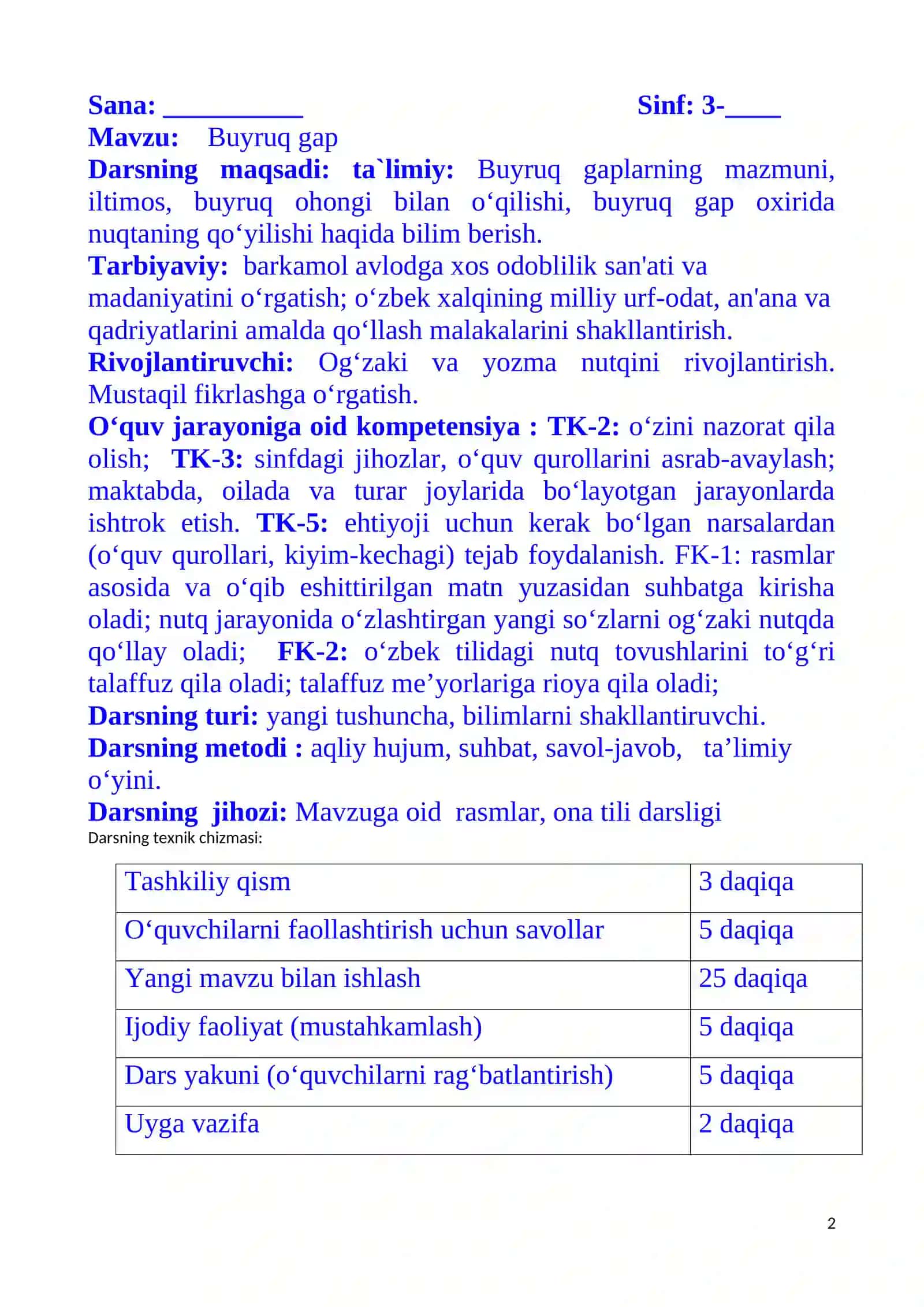 3-sinf Ona tili fanidan Buyruq gap 1-chorak dars ishlanma 2