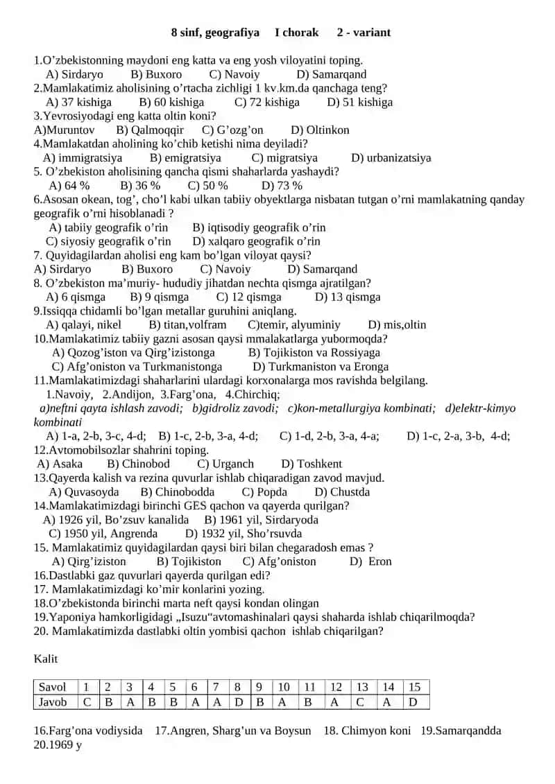 8 sinf, geografiya I chorak I variant 2
