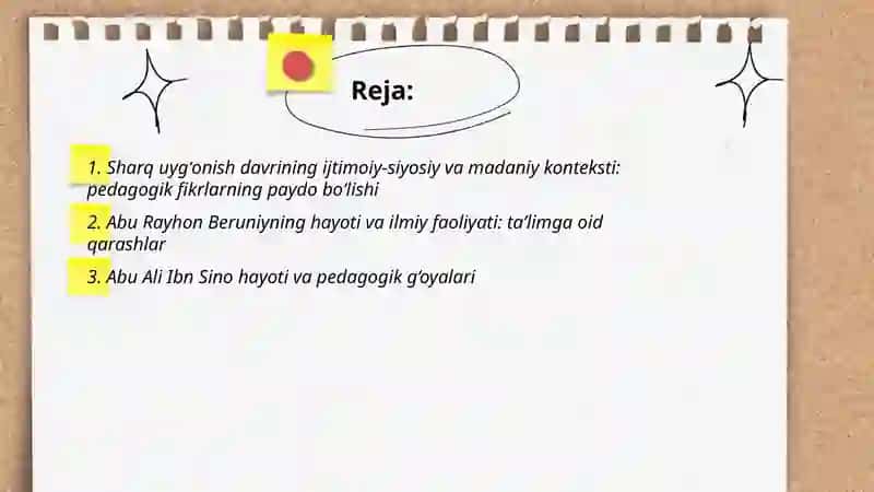 Sharq uygʻonish davrida pedagogik fikrlarning rivojlanishi Abu Rayhon Beruniy Abu Ali Ibn Sinoning taʼlimiy axloqiy qarashlari 2