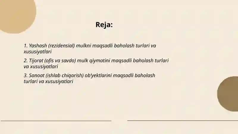 Mulk (turlari boʻyicha ) qiymatini maqsadli baholashning turlari va xususiyatlari 2
