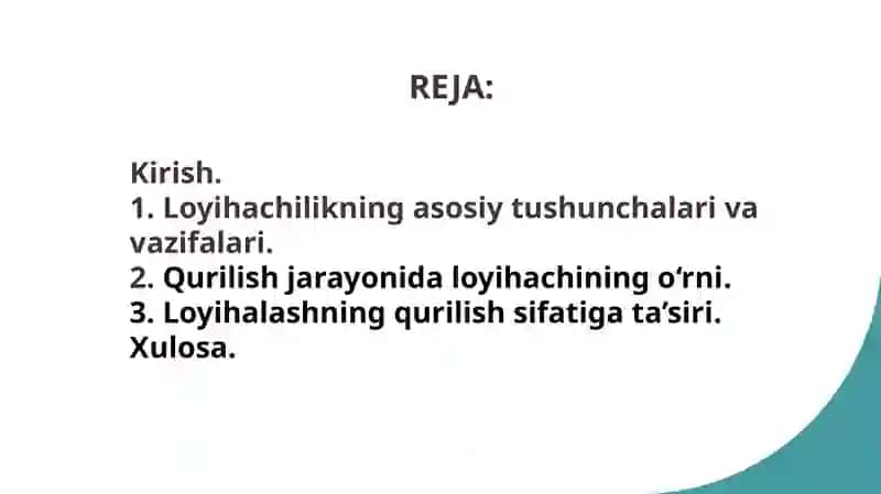 Qurilish sohasida loyihachining tutgan o’rni. 2