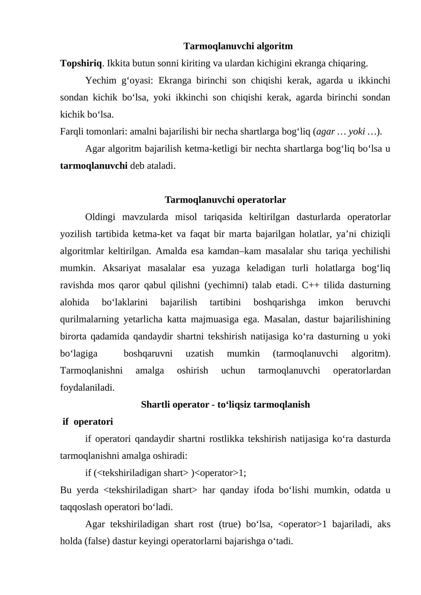 TARMOQLANISH VA UZILISHLARNI TASHKIL ETISH OPERATORLARI. TARMOQLANUVCHI OPERATORLAR (IF VA SWITCH) VA ULARNI ISHLASH KETMA KETLIKLARI 2