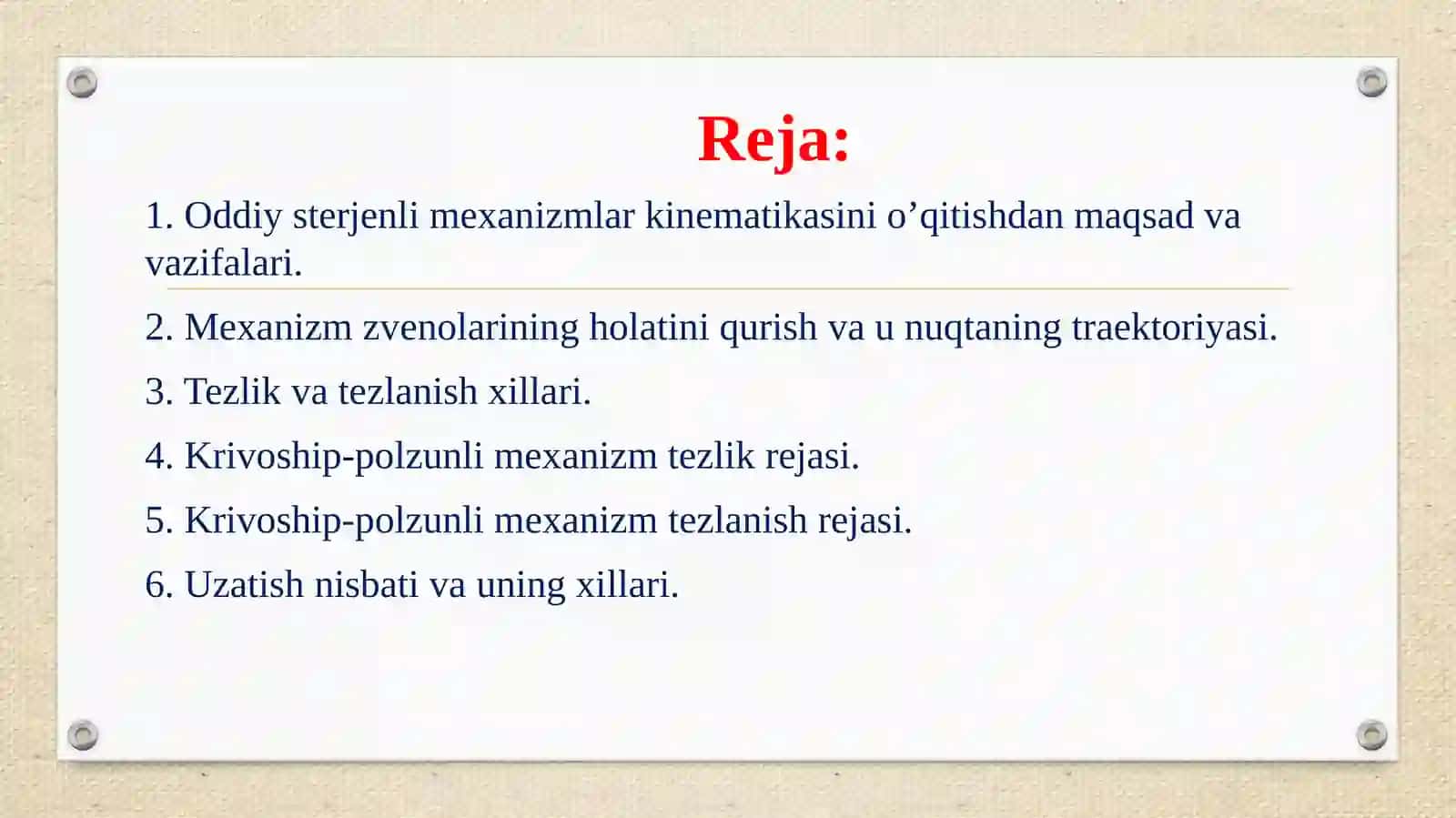 Mexanizmlar zvenolari va kinematik juftlarining tezlik va tezlanishlarini aniqlash 2