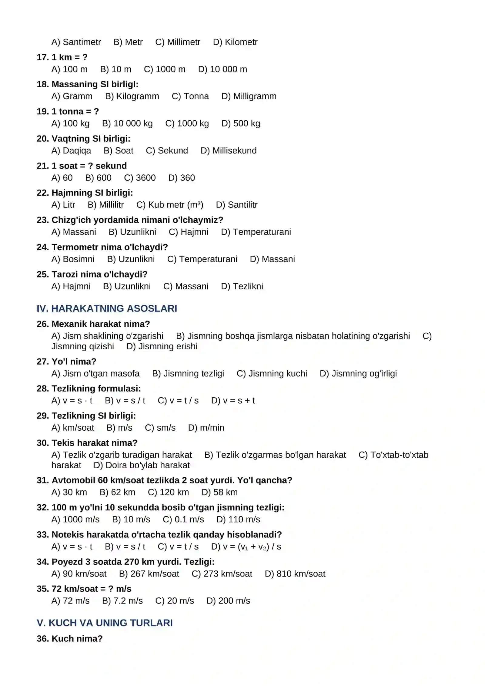 6-SINF FIZIKA FANIDAN TEST SAVOLLARI (100 ta) 2