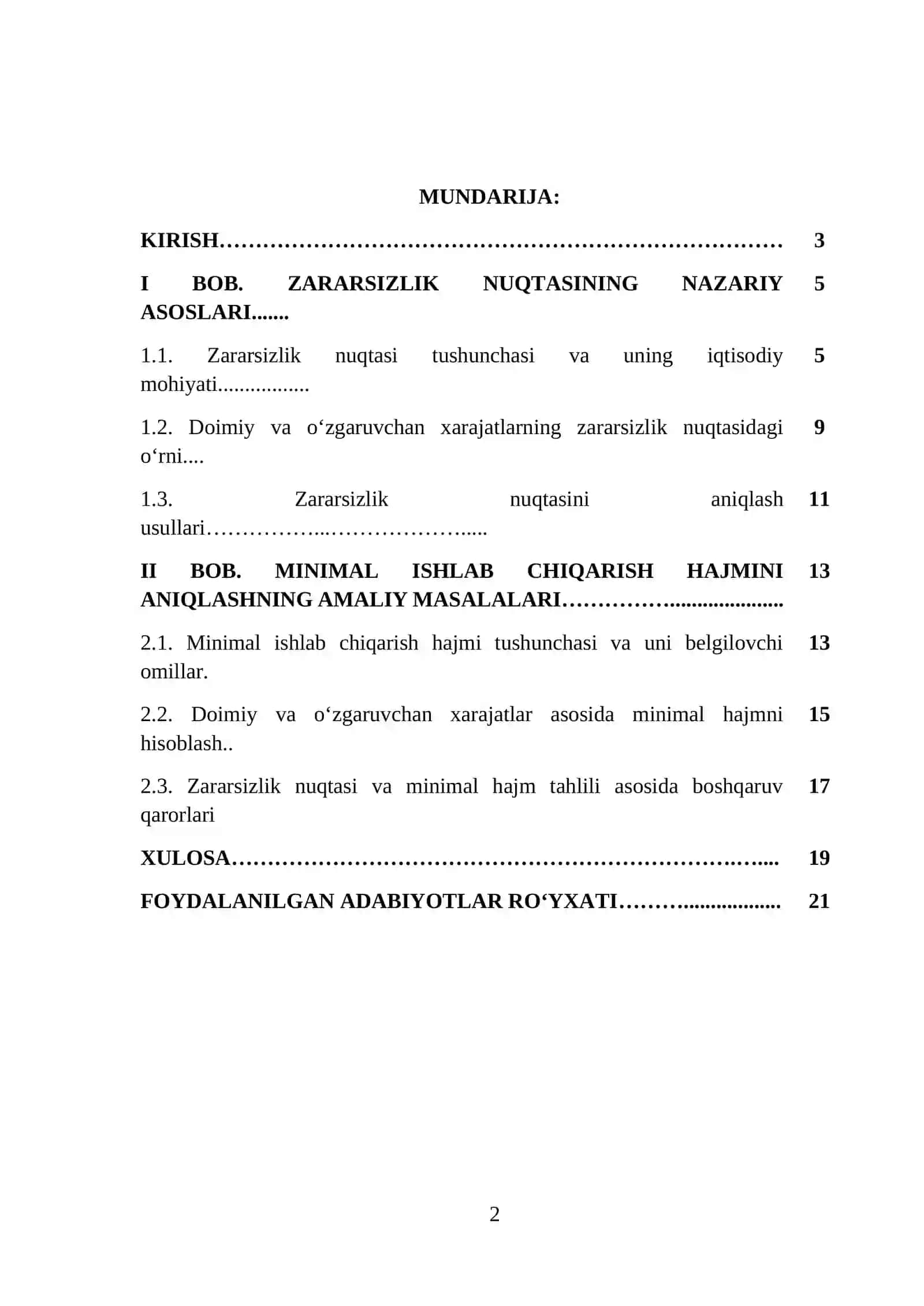 Boshqaruv hisobida zararsizlik nuqtasi va mahsulotning minimal ishlab chiqarish hajmi tahlili 2