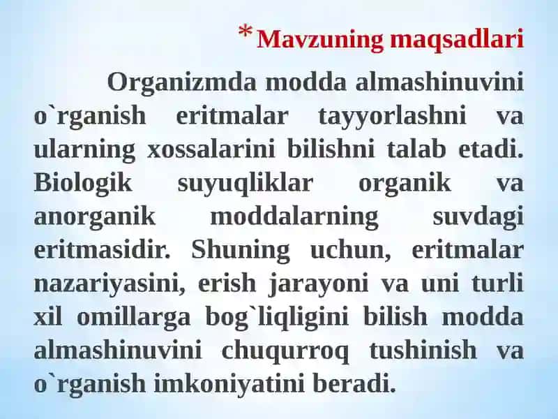 Eritmalar. Eritmalarning kolligativ hossalari. Eruvchanlik. Eritmalar konsentartsiyalari 2