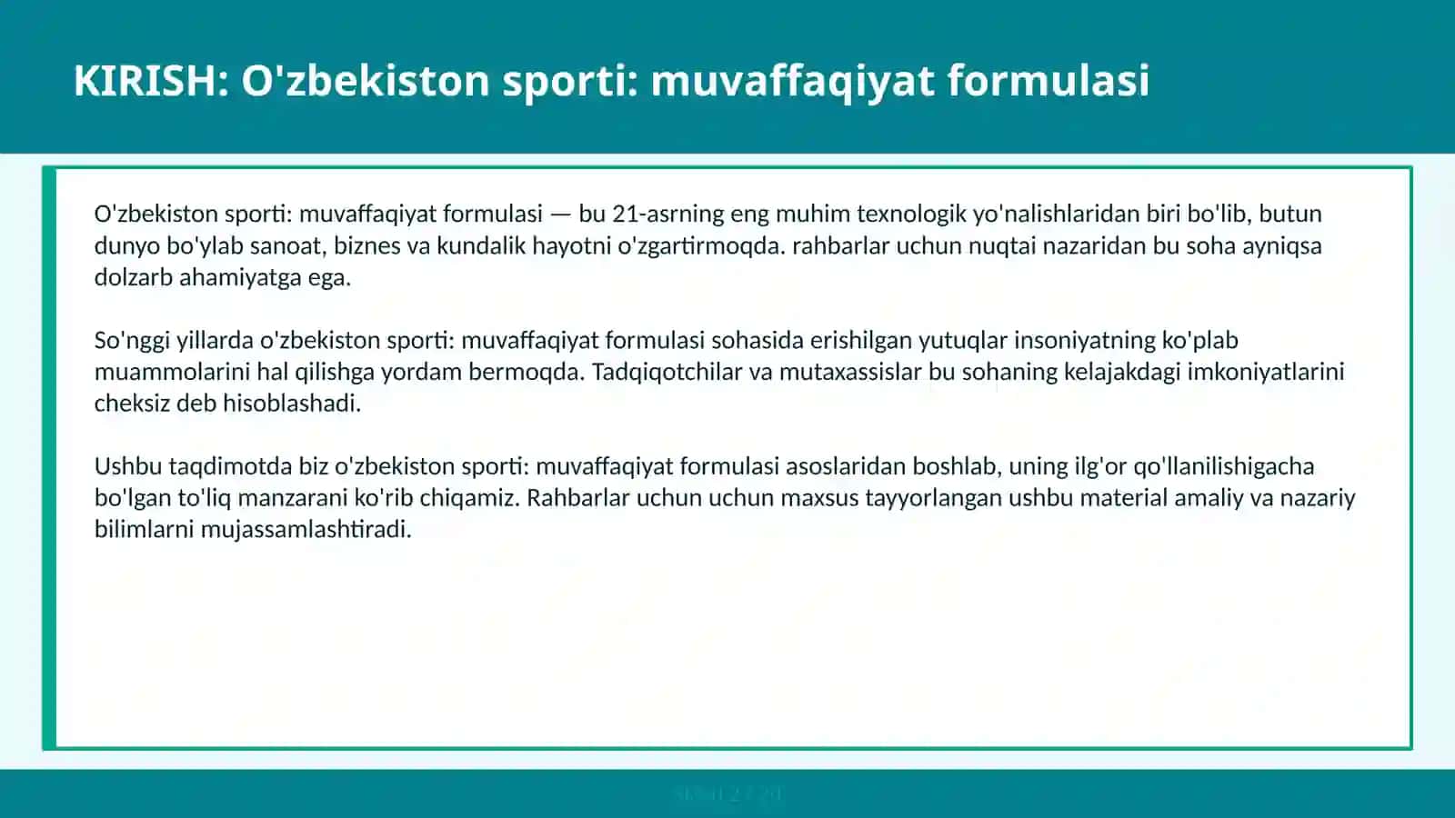 O'ZBEKISTON SPORTI: MUVAFFAQIYAT FORMULASI 2