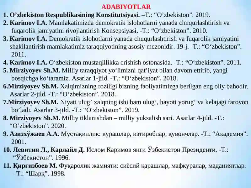 О‘ZBEKISTONDA HUQUQIY SIYOSIY ISLOHOTLARNING AMALGA OSHIRILISHI, DEMOKRATIK JAMIYATNI SHAKLLANTIRISH YО‘LIDAGI ISLOHOTLAR.ppt 2