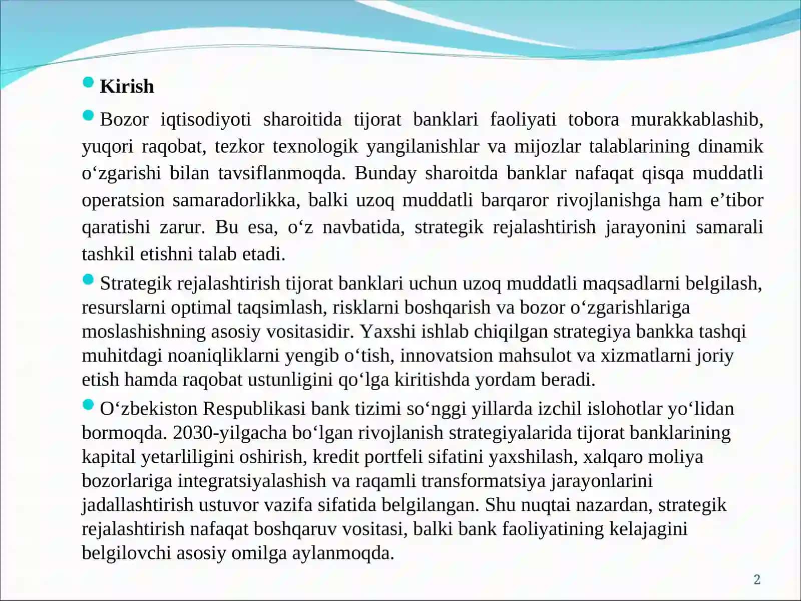 TIJORAT BANKLARIDA STRATEGIK REJALASHTIRISHNI TAKOMILLASHTIRISH 2