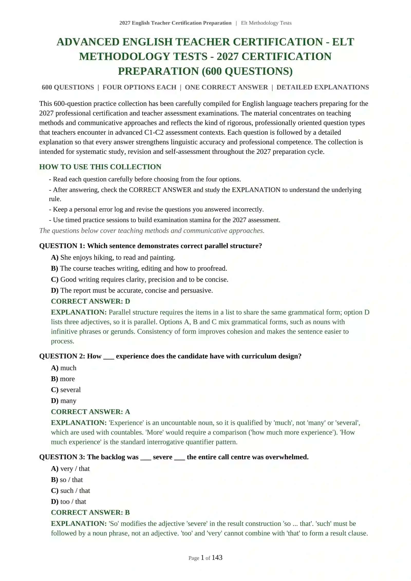 ADVANCED ENGLISH TEACHER CERTIFICATION - ELT METHODOLOGY TESTS 2