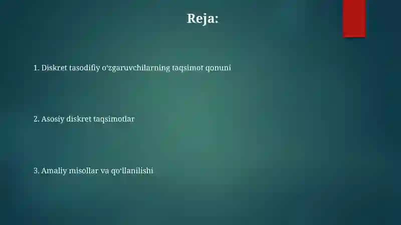 Diskret tasodifiy o'zgaruvchining taqsimot qonuni 2
