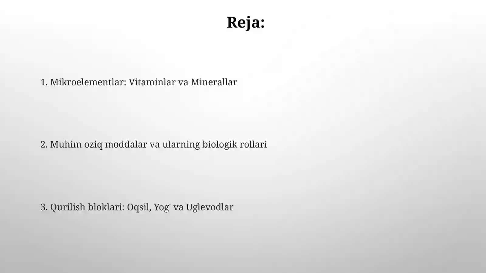 Asosiy oziqaviy moddalar: oqsil, yog', karbonsuvlar, mineral moddalar, vitaminlarning va biologik roli 2