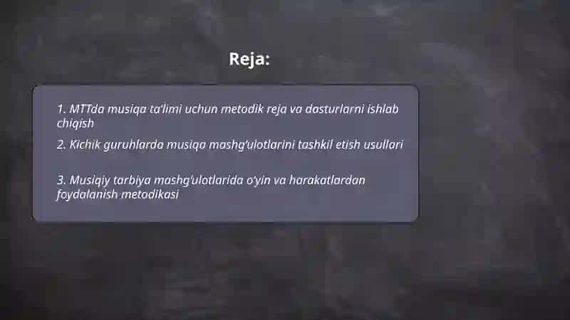 MTTda musiqiy ta’lim berish metodikasi bo’yicha ishlarni tashkil etish 2