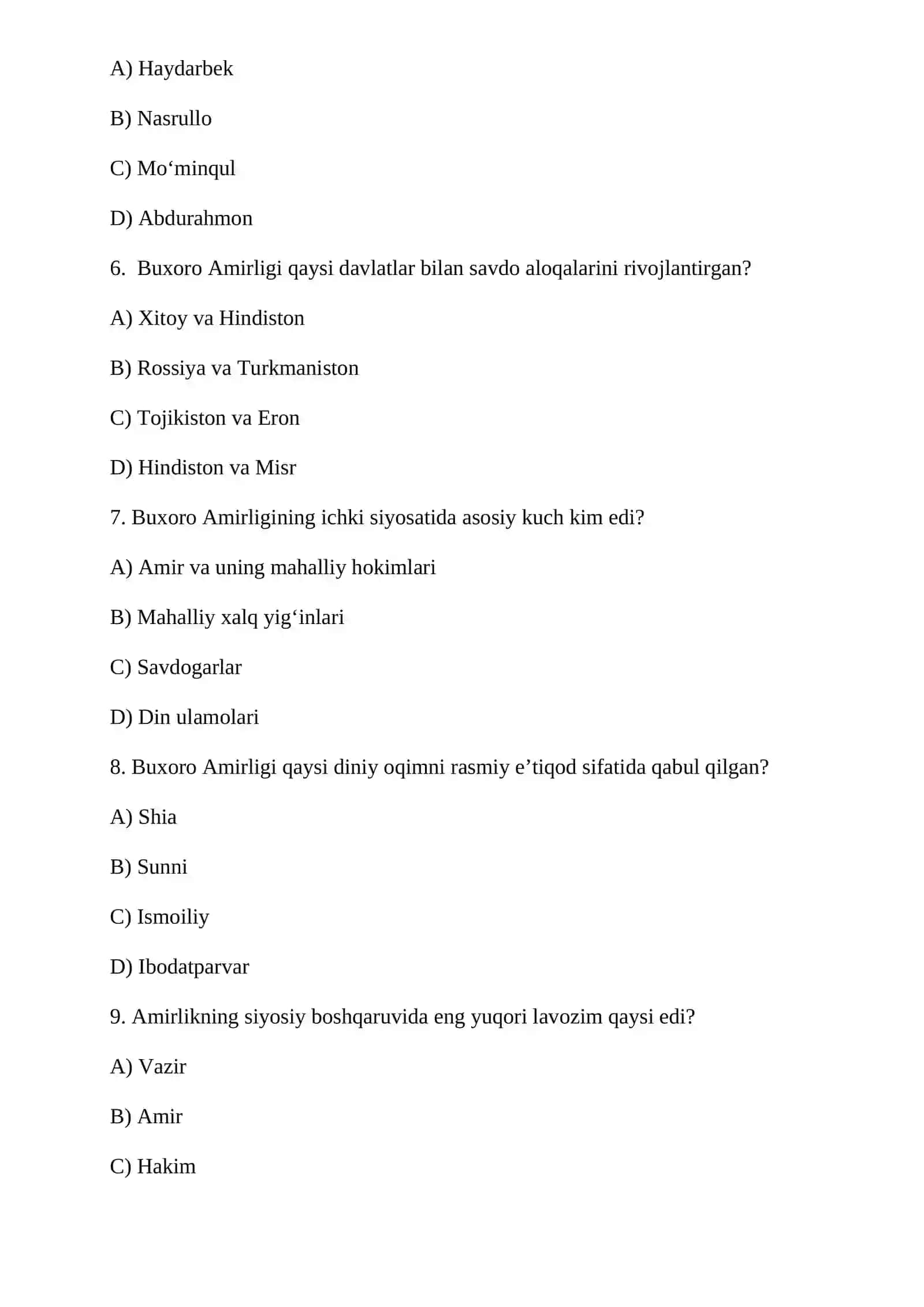 Buxoro Amirligining siyosiy tarixi Amirlikning hududi maʼmuriy tuzilishi va aholisi boʻyicha testlar (40 ta) 2
