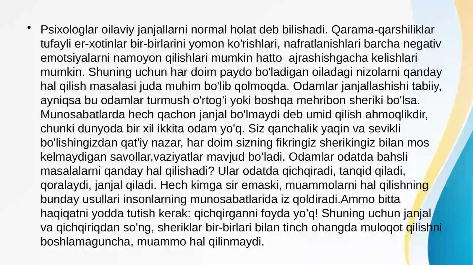 Oilaviy nizolar va ajralishlar,ularning sabablari vabartaraf etish yo’llari 2