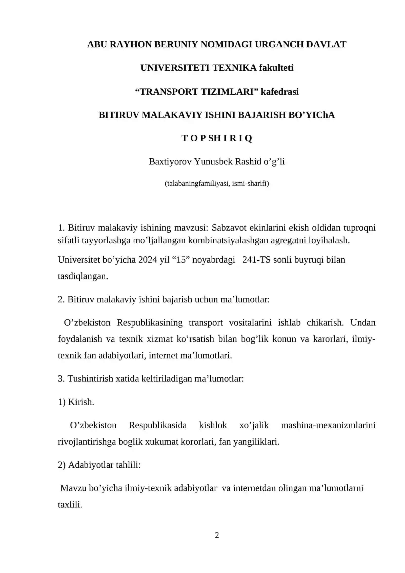 Sabzavot ekinlarini ekish oldidan tuproqni sifatli tayyorlashga mo’ljallangan kombinatsiyalashgan agregatni loyihalash 2