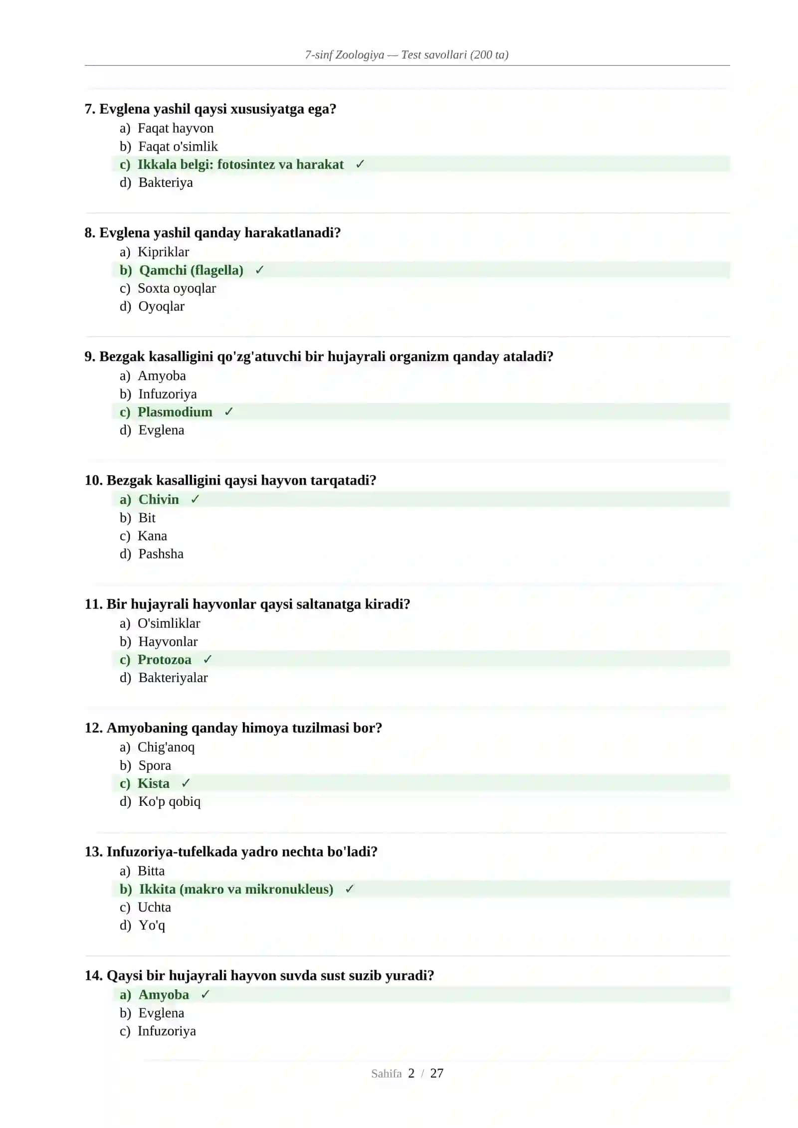 7-sinf Zoologiya — Test savollari (200 ta) 2
