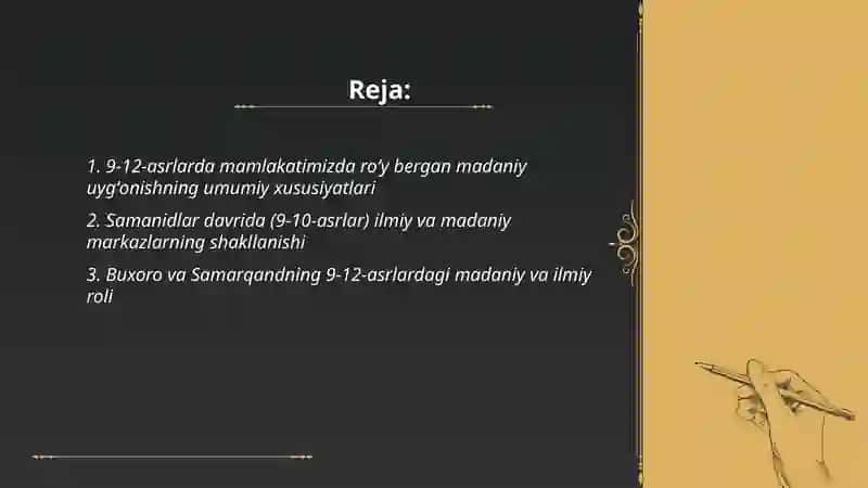 9-12-asrlarda mamlakatimizda roʻy bergan madaniy uygʻonishning umumiy xususiyatlari 2