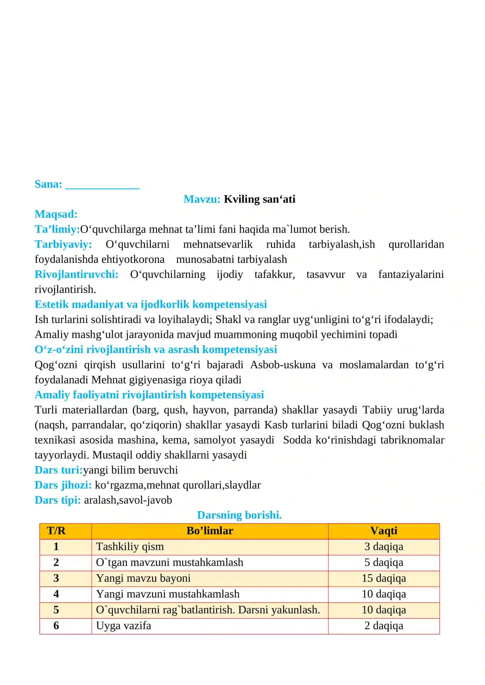 3-sinf Texnologiya fanidan Kviling san'ati mavzusida dars ishlanma 2