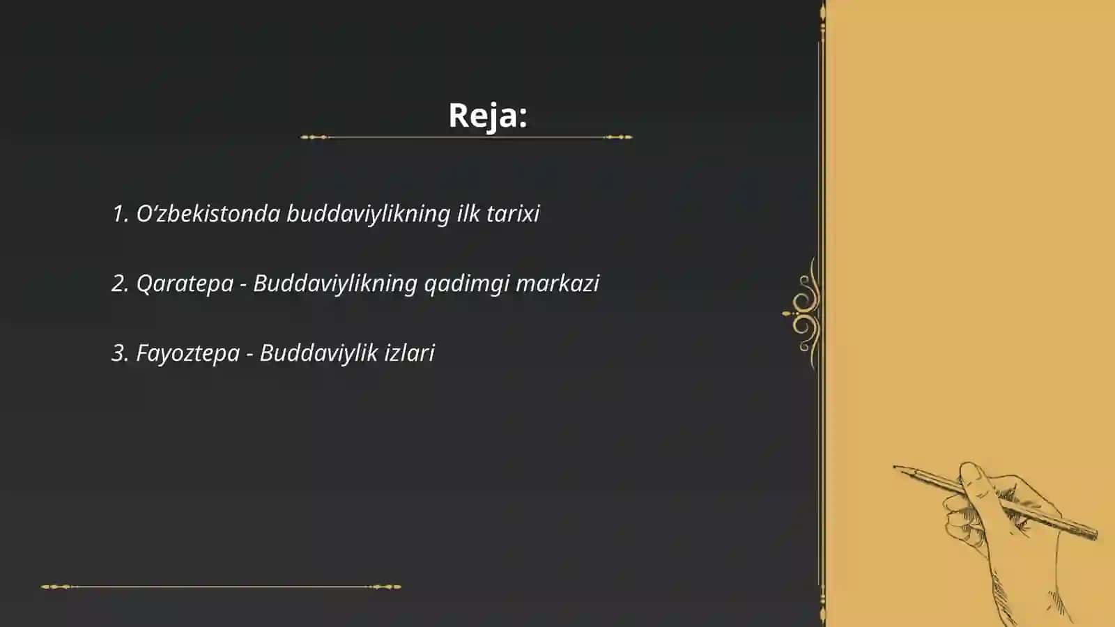 Oʻzbekistonda buddaviylik dinining tarixiy ildizlari(Qaratepa,Fayoztepa,Dalvarzintepa) va hozirgi zamon 2