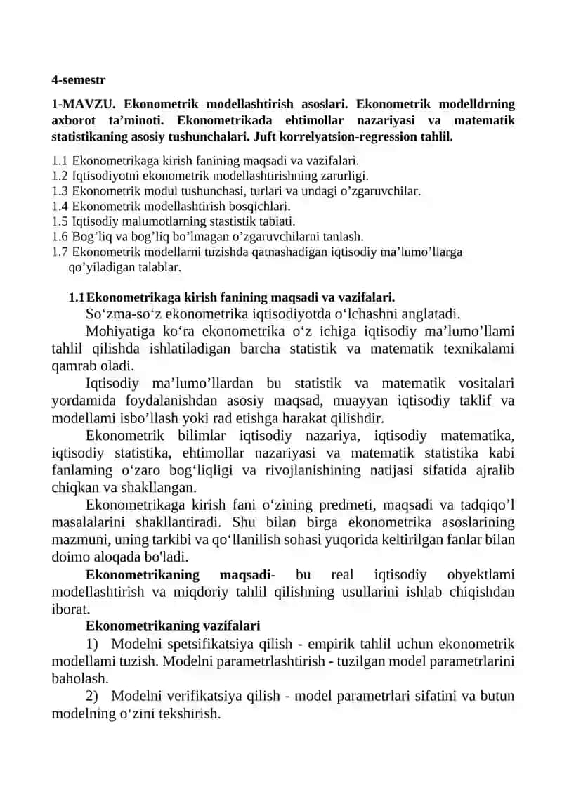 EKONOMETRIKA FANIDAN MAVZULARNING QISQACHA MAZMUNI 2