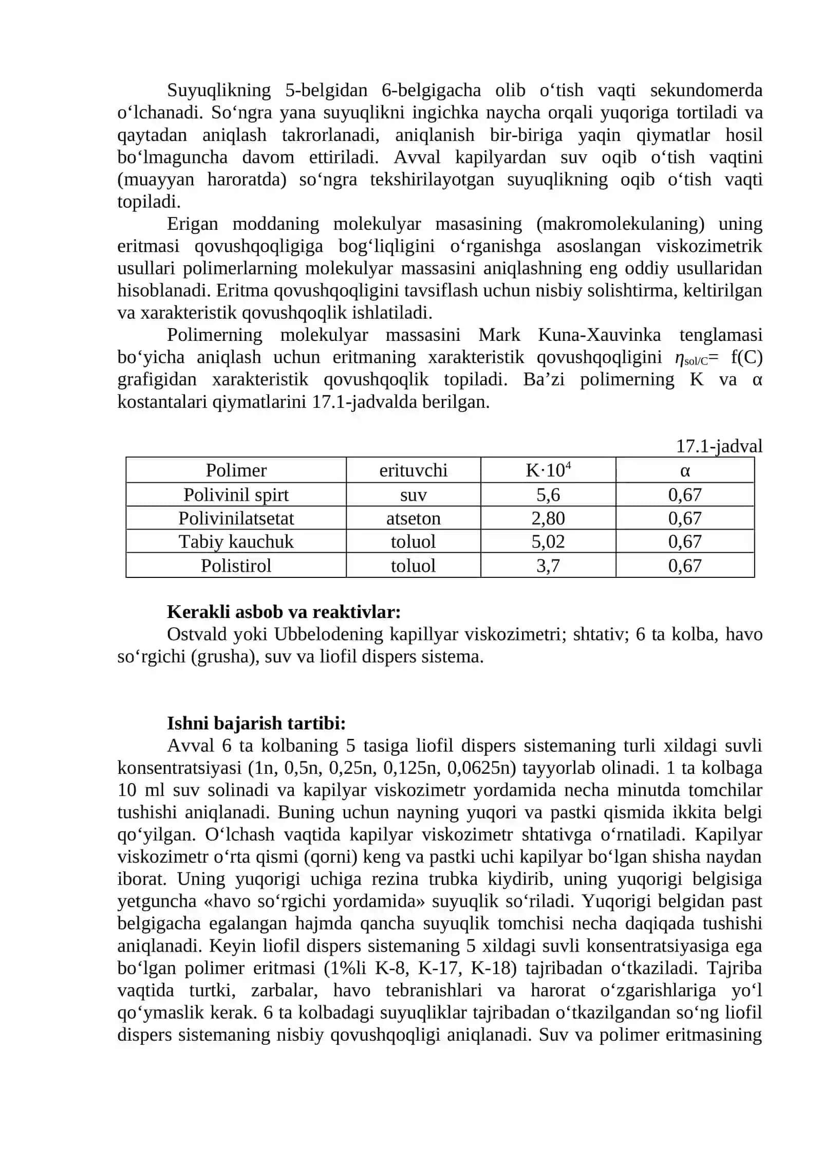 Polimerlar eritmalari va suyuqlikning oqib o‘tish vaqti 2