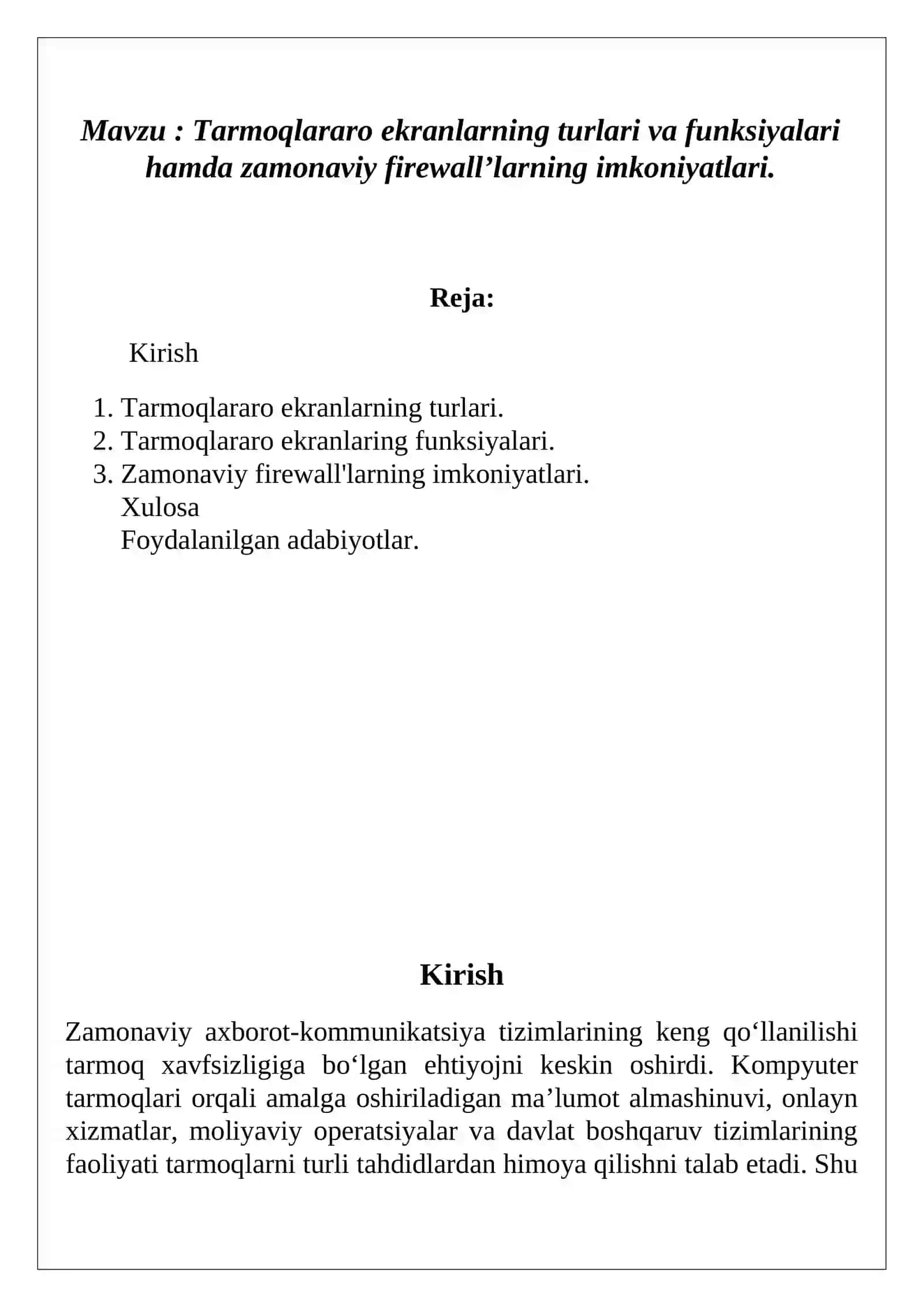 Tarmoqlararo ekranlarning turlari va funksiyalari hamda zamonaviy firewall’larning imkoniyatlari 2