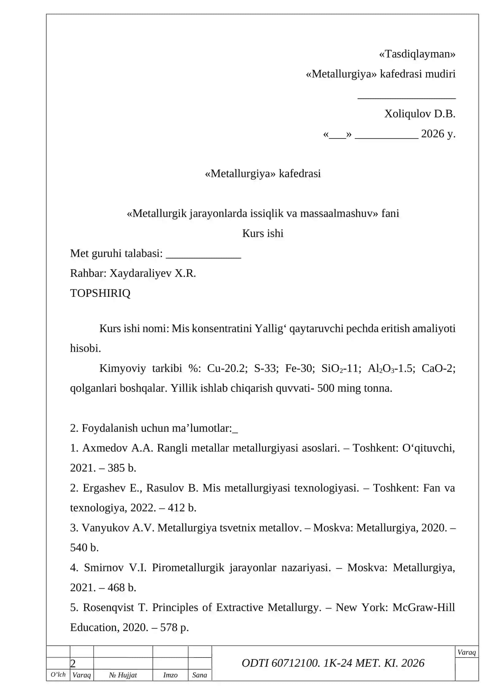 Mis konsentratini Yallig‘ qaytaruvchi pechda eritish amaliyoti hisobi.,. 2