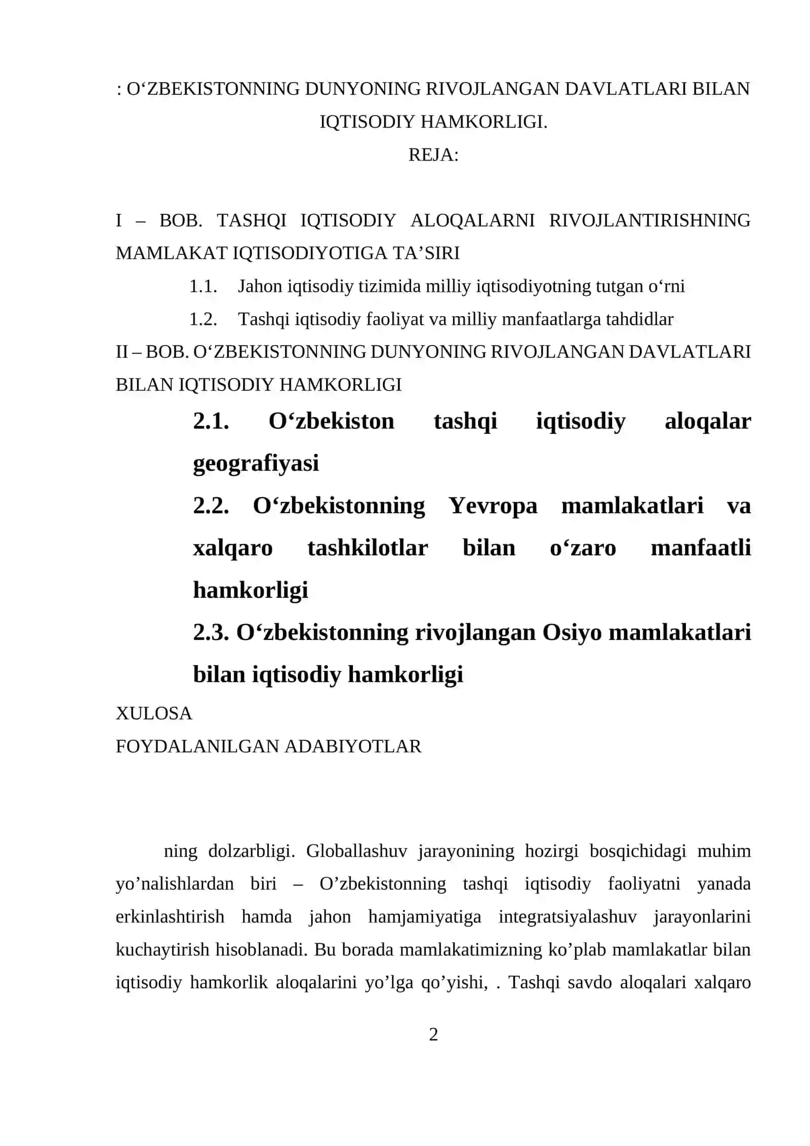 O'ZBEKISTONNING DUNYONING RIVOJLANGAN DAVLATLARI 2