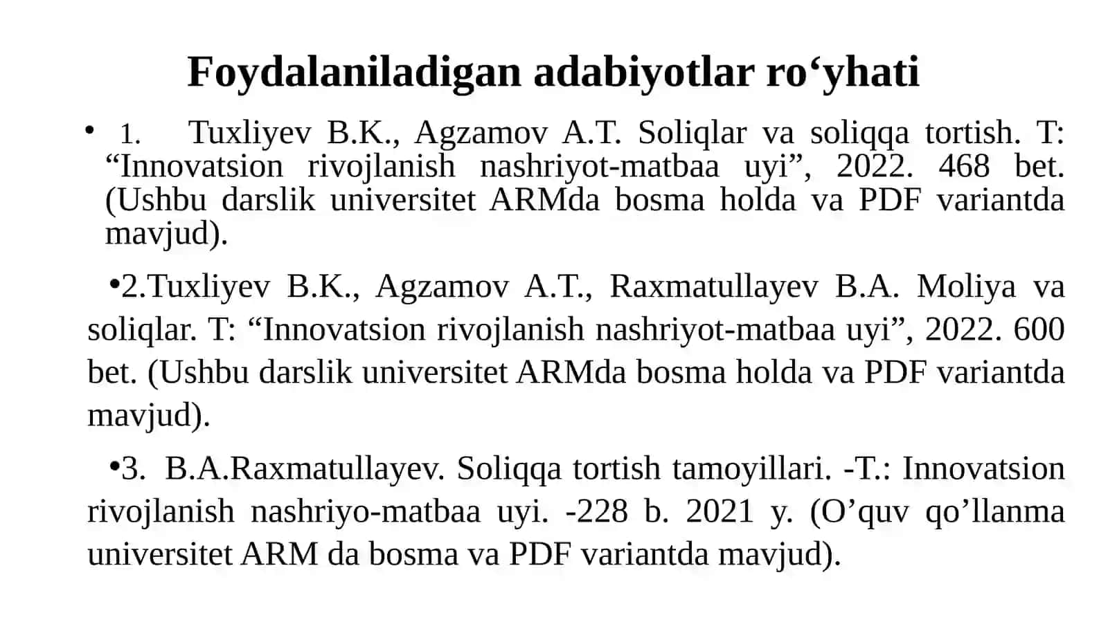 SOLIQ VA SOLIQQA TORTISH FANINING PREDMETI VA O‘RGANISH USULLARI. SOLIQLARNING IQTISODIY MOHIYATI 2