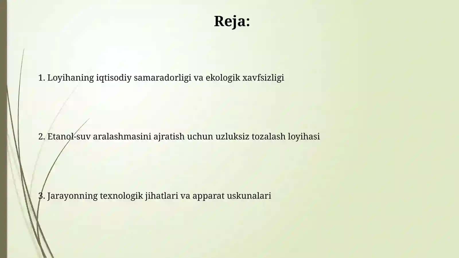 Etanol-suv aralashmasini ajratish uchun uzluksiz ishlaydigan reaktifikatsion loyihasi 2