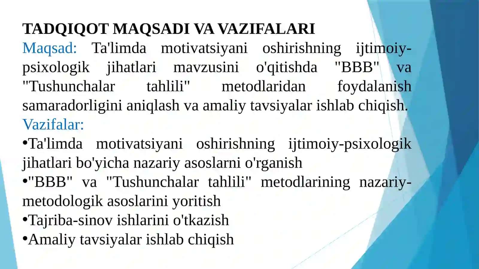 TA'LIMDA MOTIVATSIYANI OSHIRISHNING IJTIMOIY-PSIXOLOGIK JIHATLARI MAVZUSINI O'QITISHDA "BBB" VA "TUSHUNCHALAR TAHLILI" METODLARIDAN FOYDALANISH 2
