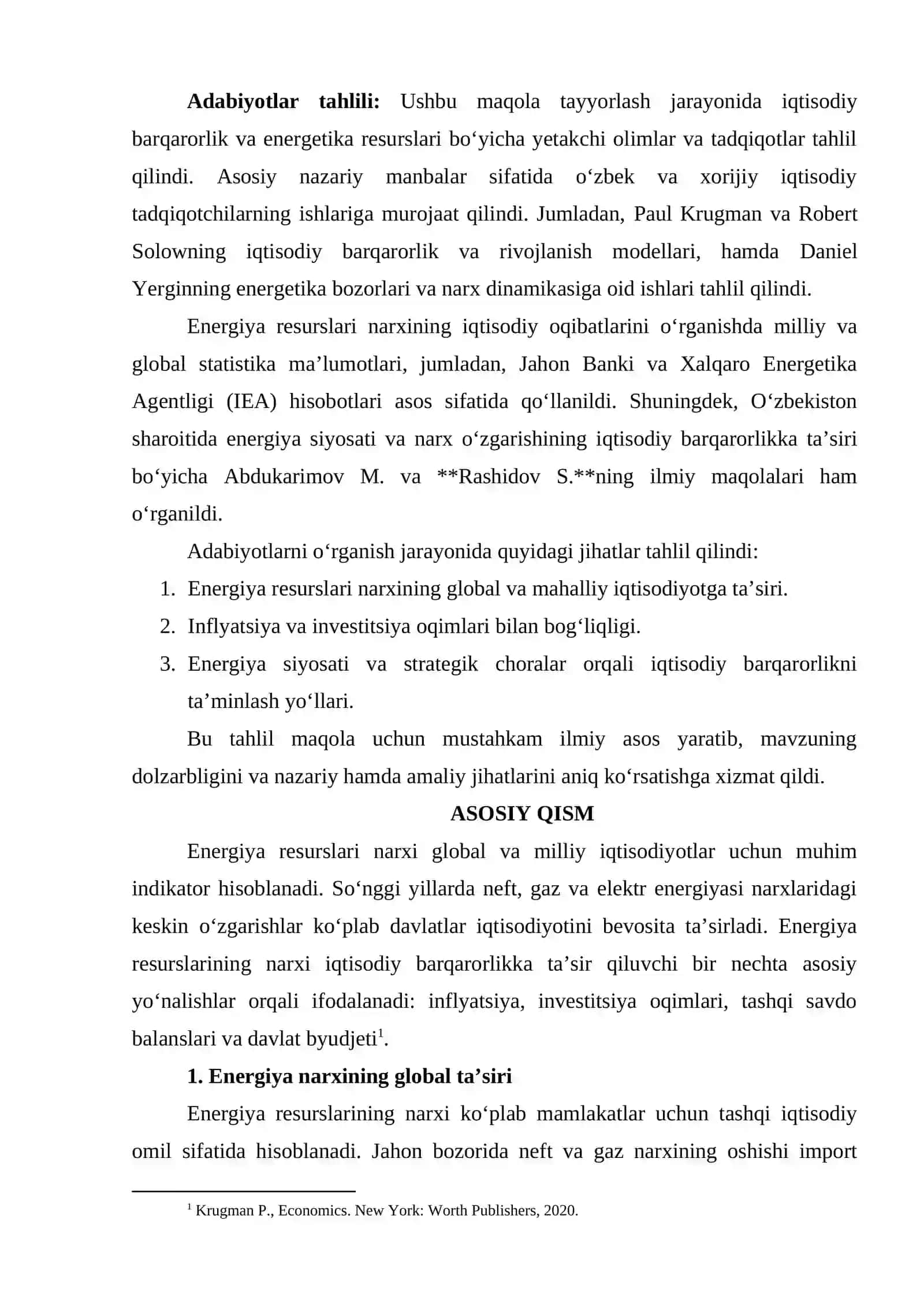ENERGIYA RESURSLARI NARXINING O'ZGARISHI VA IQTISODIY BARQARORLIK 2