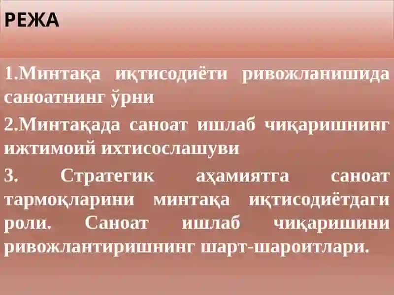 МИНТАҚАДА САНОАТ ТАРМОҒИНИ РИВОЖЛАНТИРИШНИНГ ҲУДУДИЙ ЖИҲАТЛАРИ 2