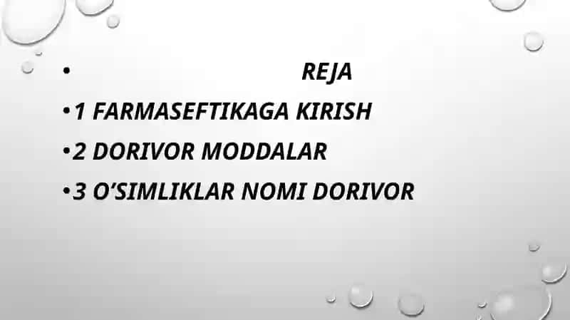 Farmaseftikaga kirish terminologiyasiga .Dorivor moddalarning triavial nomlari.Tarkibiy nomchalari .Dorivor o’simliklar nomlari 2