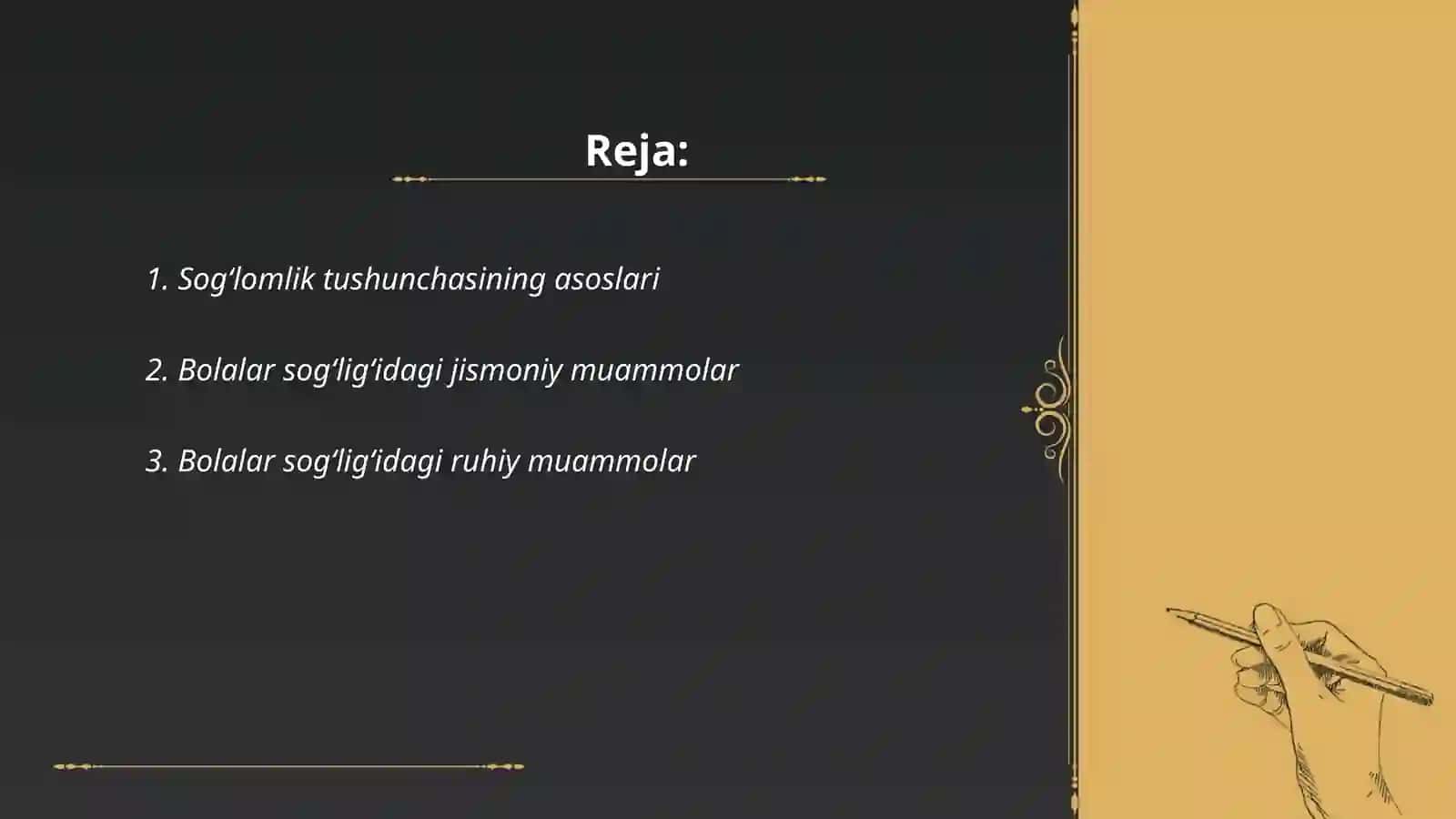 Soglomlik tushunchasi. Bolalar sogligidagi zamonaviy muammolar. Shifoxonalarda tashkil etilgan maktablarda bemor oquvchilar bilan faoliyat olib boruvchi pedagoglarga qoyiladigan talablar 2