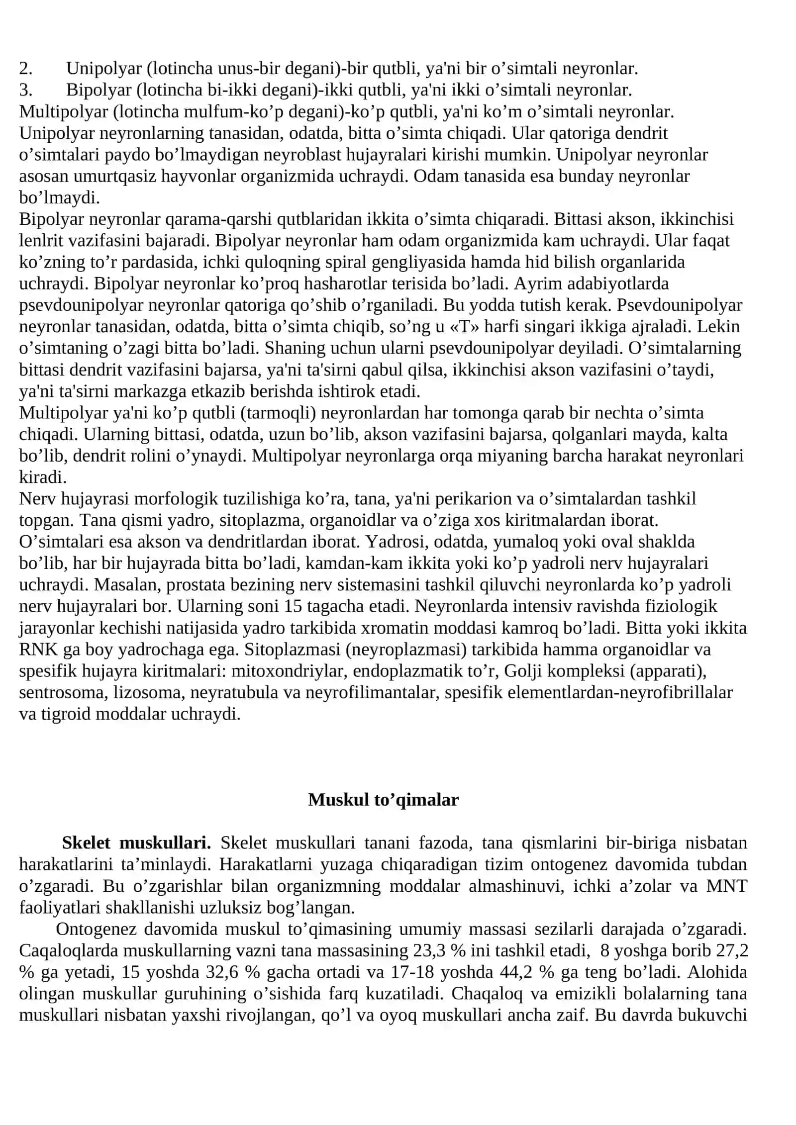 Nerv to’qimasi. Umurtqasiz va umurtqali hayvonlar nerv sistemasi tuzilishi. Neyronlar tuzilishi va tiplari 2