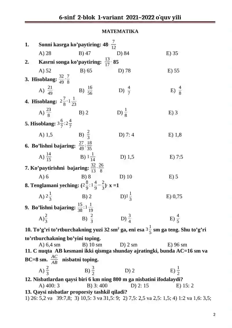6-sinf 2-blok 1-variant 2021–2022 o`quv yili 2