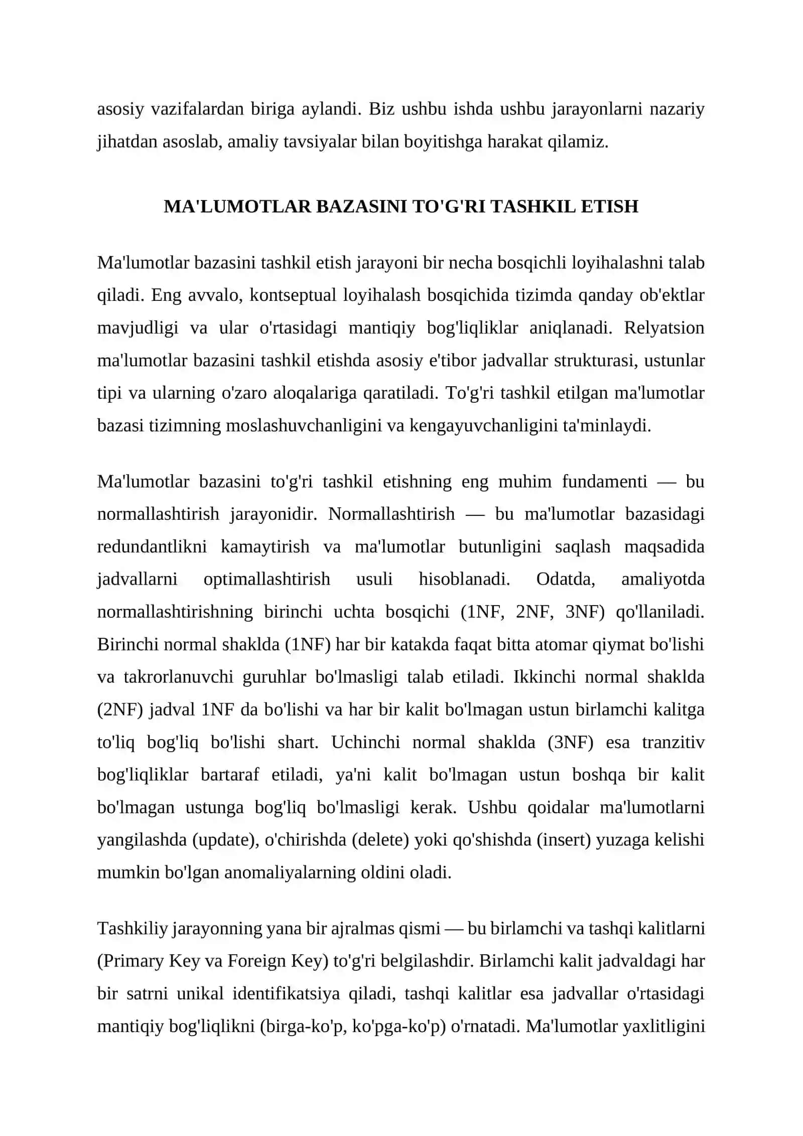 MA'LUMOTLAR BAZASINI TO'G'RI TASHKILLASH VA SARALASH 2