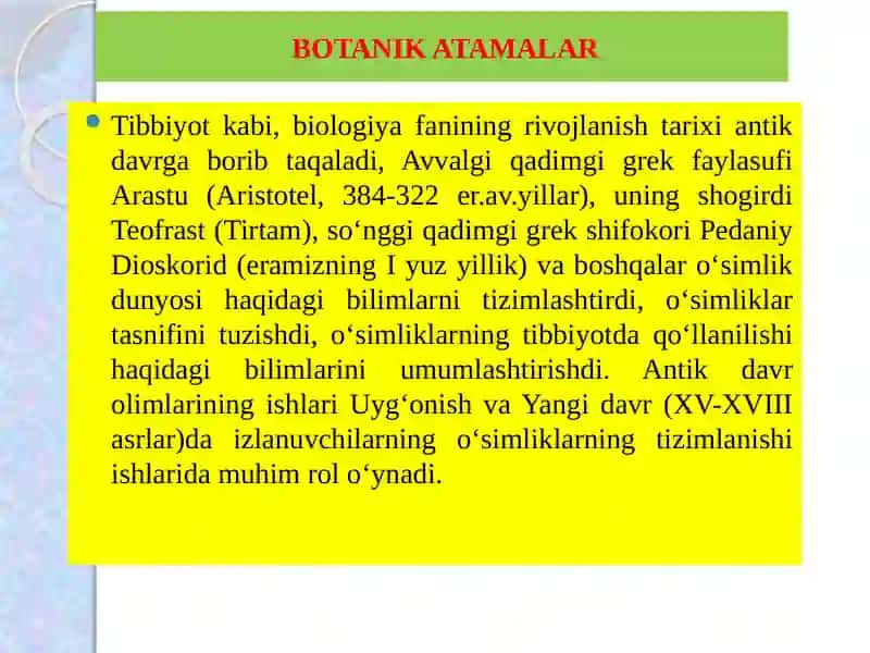 BOTANIK ATAMALAR. IKKI So‘ZLILIK. FARMAKOLOGIYADA o‘SIMLIKLARNING BOTANIK NOMLARINING Qo‘LLANILISHI 2