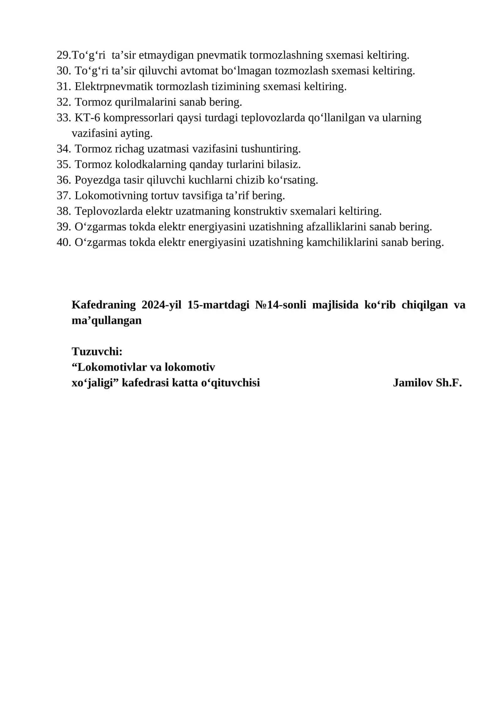 Harakat tarkibi va poyezdlarni tortish fanidan Oraliq nazorat savollari 2