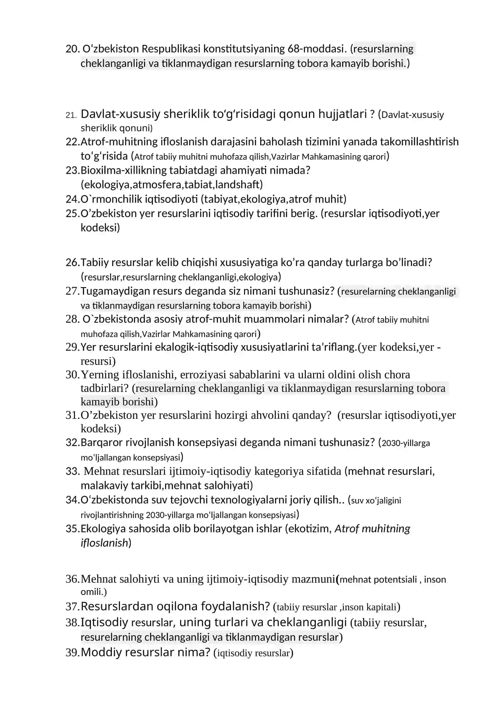 “Resurslar iqtisodiyoti” fanidan yakuniy nazorat savollari 2