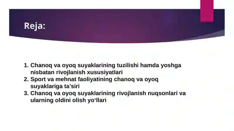 Chanoq va oyoq suyaklarining yoshga nisbatan xususiyatlari. Sport va mehnat faoliyatini chanoq va oyoq suyaklariga ta'siri, rivojlanish nuqsonlari. 2