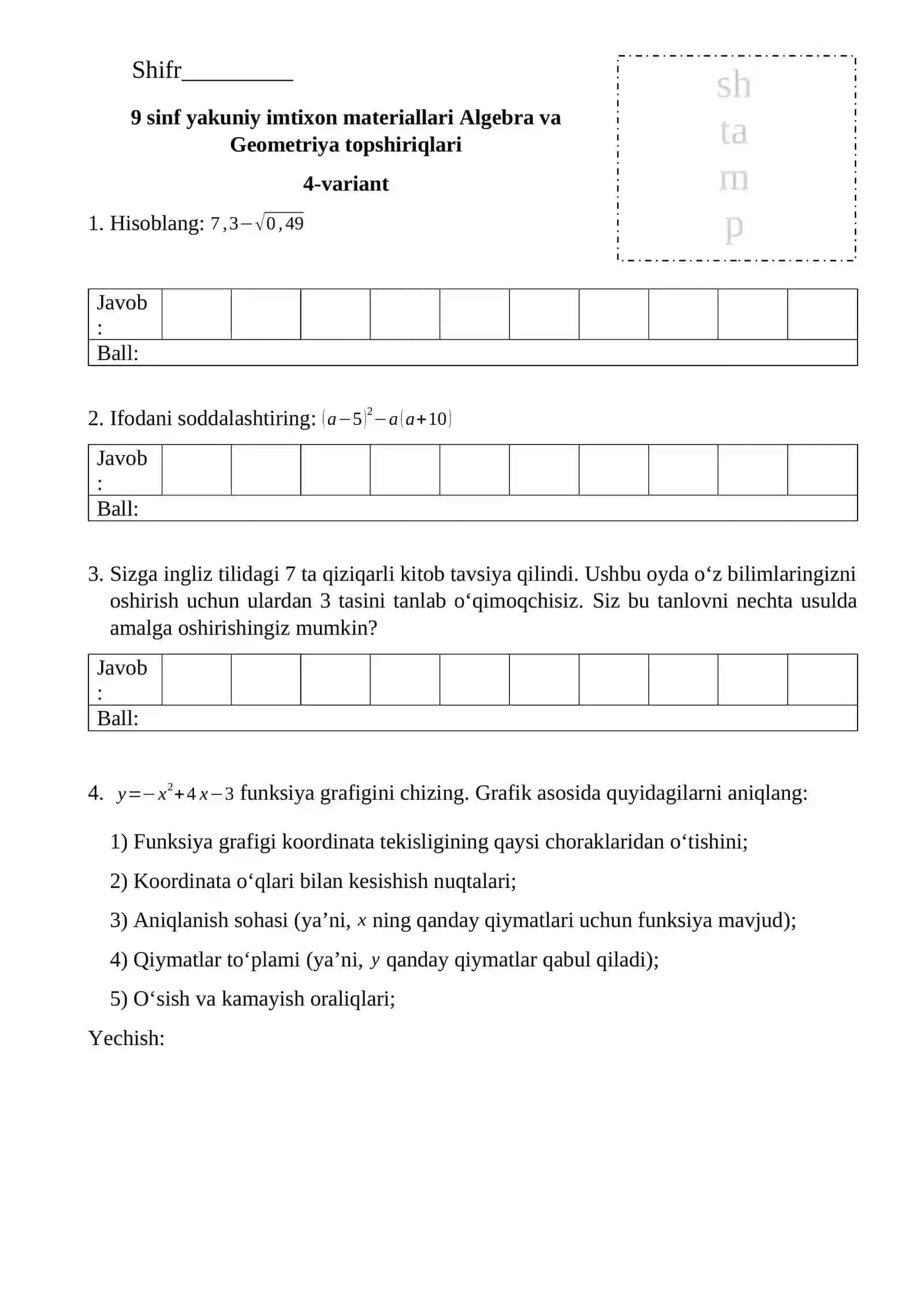 9 sinf yakuniy imtixon materiallari Algebra va Geometriya topshiriqlari 2